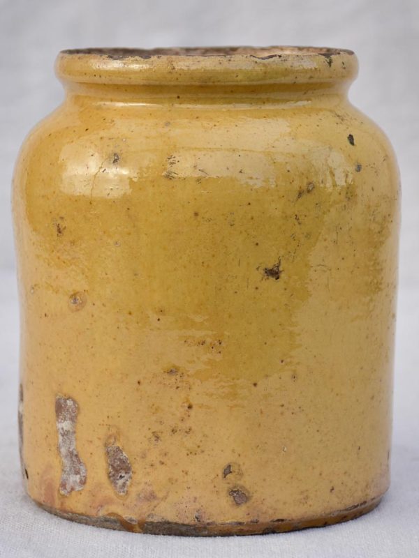 Antique French honey   preserving pot with yellow glaze 6¾  For Sale