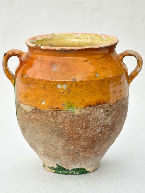 Antique French confit pot with orange glaze and green drips 9½  Online