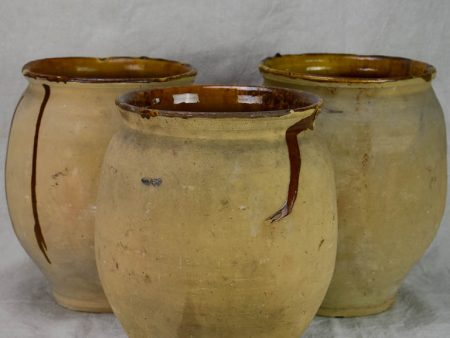 Three antique French confit pots with speckled glaze from Castelnaudary 11¾  For Discount