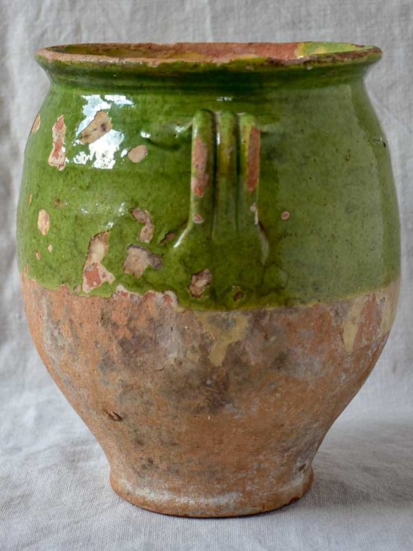 Antique French confit pot with green glaze 10¼  on Sale