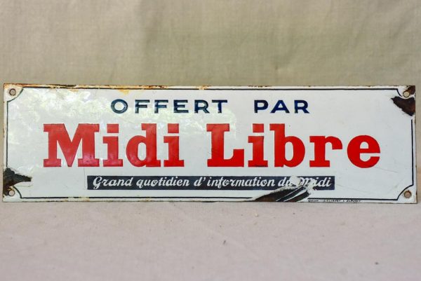 1930 s French enamel sign - Midi Libre newspaper 13¾  x 4  For Sale