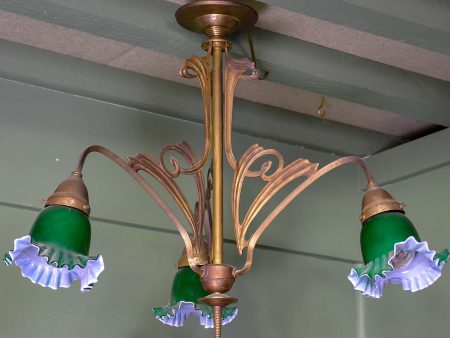 French Art Nouveau three light pendant with green glass lampshades Sale