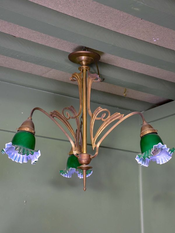 French Art Nouveau three light pendant with green glass lampshades Sale