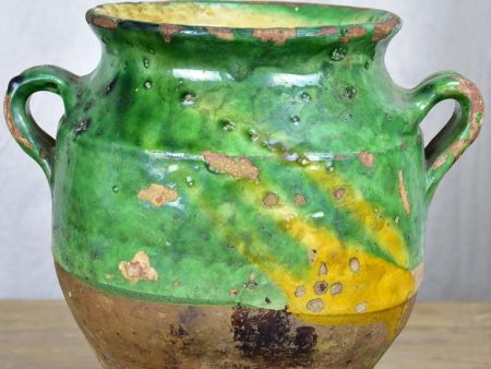 Antique French confit pot with green glaze 10¾  Supply