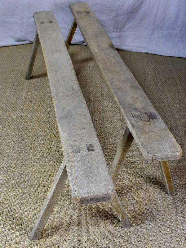 Pair of rustic antique French benches with splayed feet For Sale