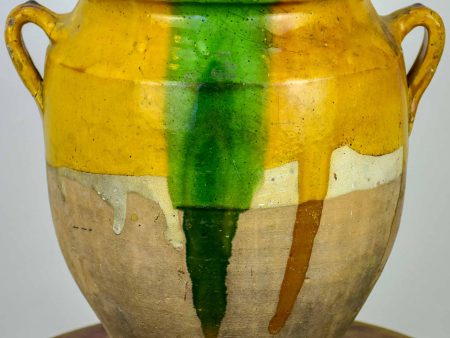 Antique French confit pot with orange and green glaze - 11 ½   Online now