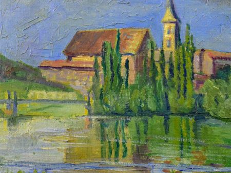 Early 20th Century French painting of a village on a river, M. Gautier 27 ½   x 19” Discount