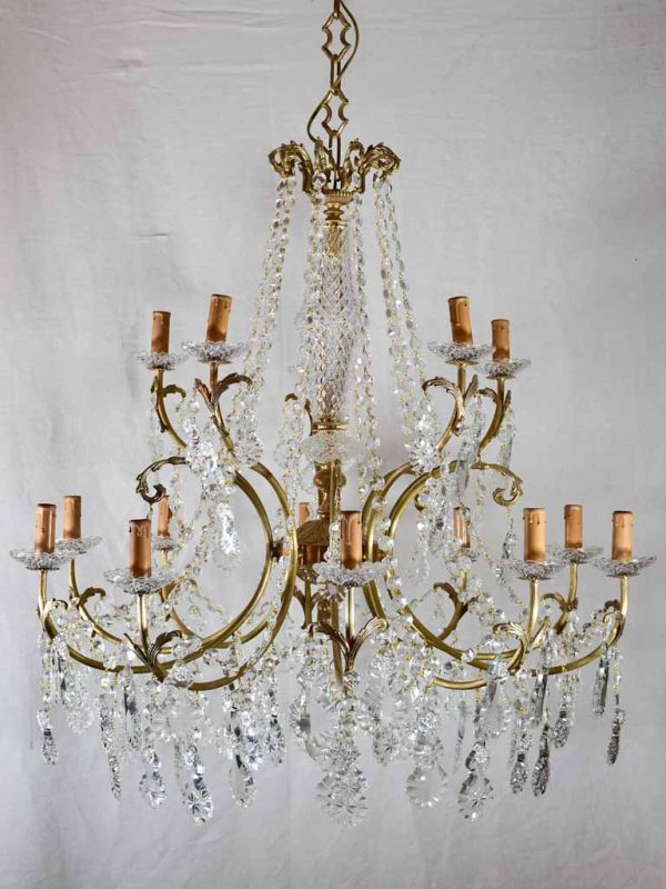 Pair of large crystal and brass chandeliers with 15 lights from the 1940 s 35½  diameter Online Sale