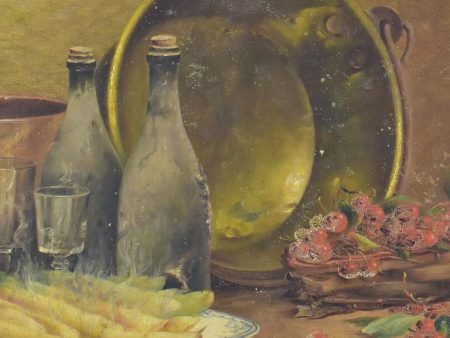 Antique French still life - asparagus, cherries and a copper pot 28¾ x 21¼   Sale