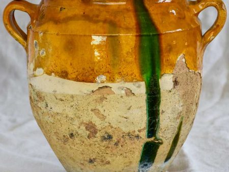 Large antique French confit pot with orange glaze and green splash 12¼  Online