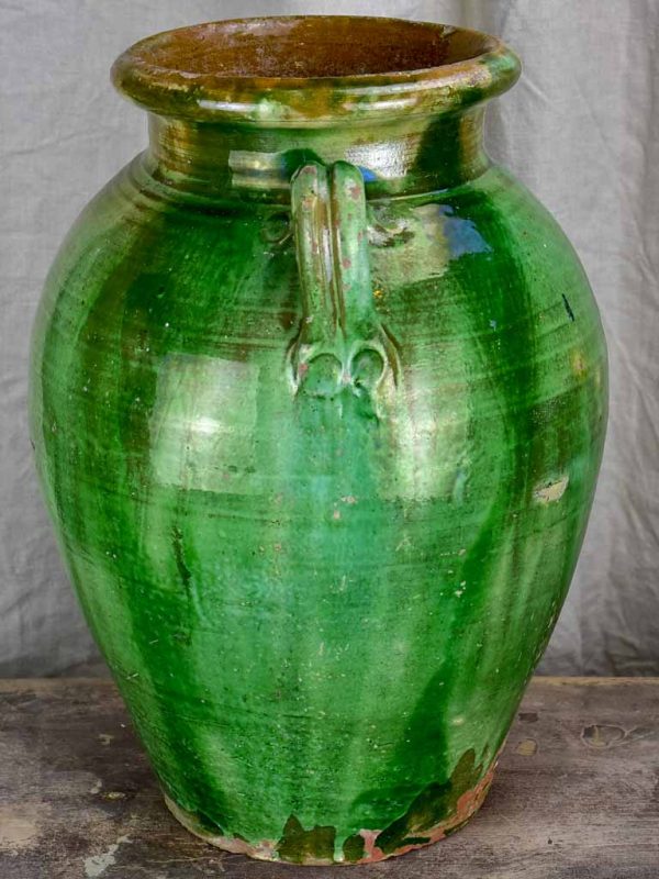 Antique French terracotta olive jar with green glaze Online