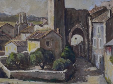 Antique French painting of a village 10 ¾   x 14” Online now