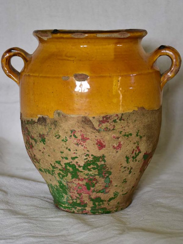 Antique French confit pot with orange glaze and traces of red and green 10¼  Online