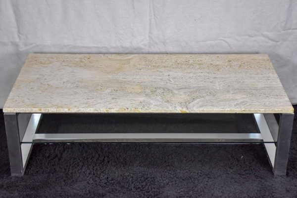 1970 s travertine, glass, chrome coffee table - Michel Ducaroy Discount