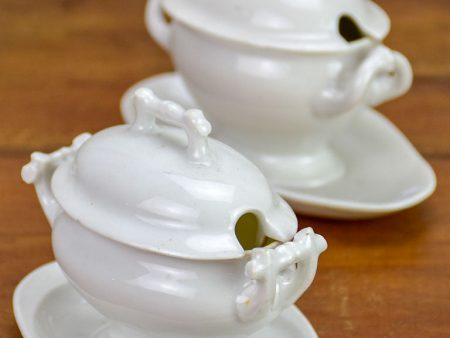 Pair of small antique French mustard serving dishes with lids Online now