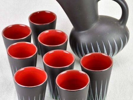 Andre Baud Vallauris set of eight cups and tilted pitcher - black white red and green Hot on Sale