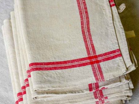 Set of 6 antique French linen tea towels with red checkered border Online