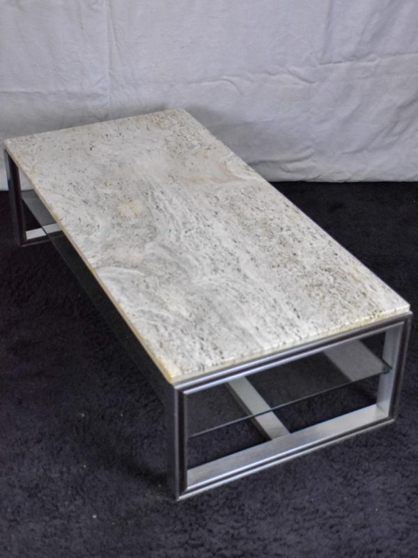 1970 s travertine, glass, chrome coffee table - Michel Ducaroy Discount