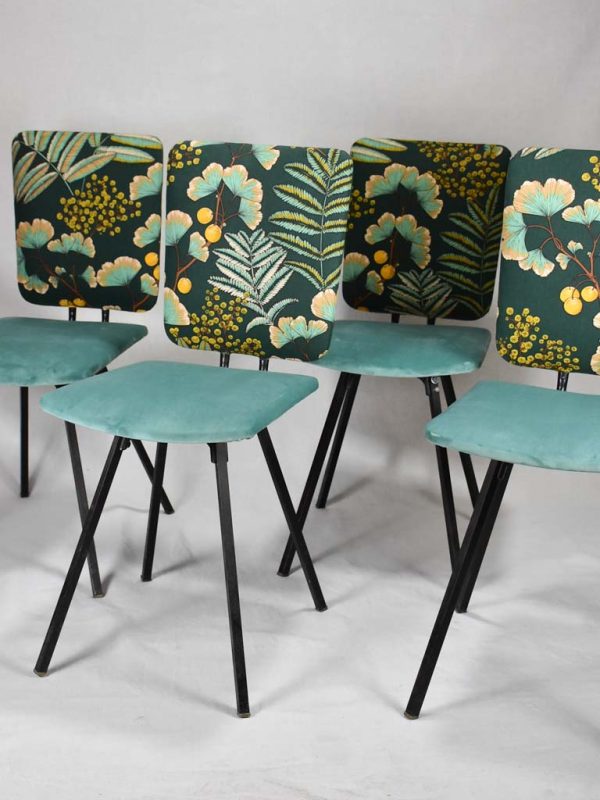 Four 1950 s  chairs with turquoise velvet and floral upholstery Sale