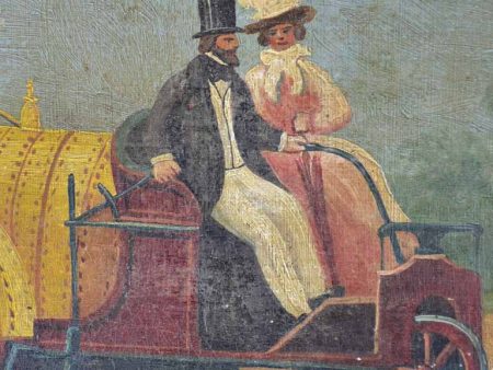 Antique French painting of a couple in a nineteenth-century car 9  x 13¾  Online Hot Sale