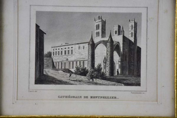 Antique French framed engraving - Cathedral de Montpellier 5½  x 7  Fashion