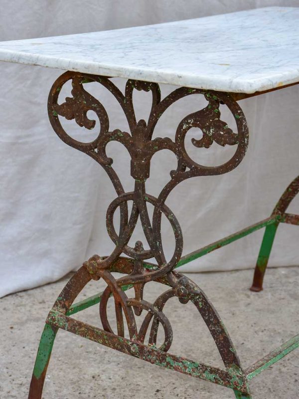 Rectangular marble French garden table with pretty green wrought iron base For Cheap