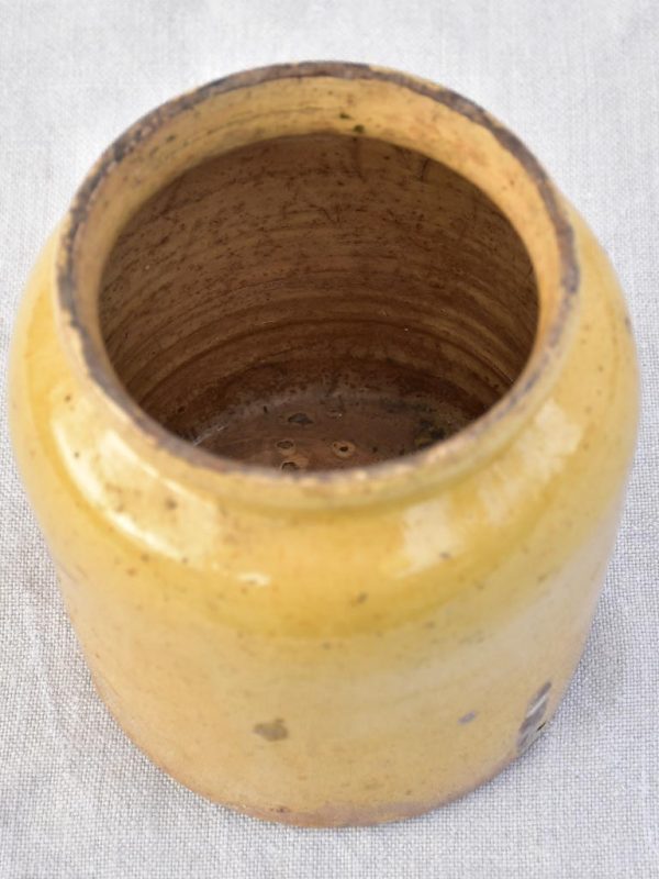 Antique French honey   preserving pot with yellow glaze 6¾  For Sale