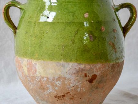 Antique French confit pot with green glaze 10¼  on Sale