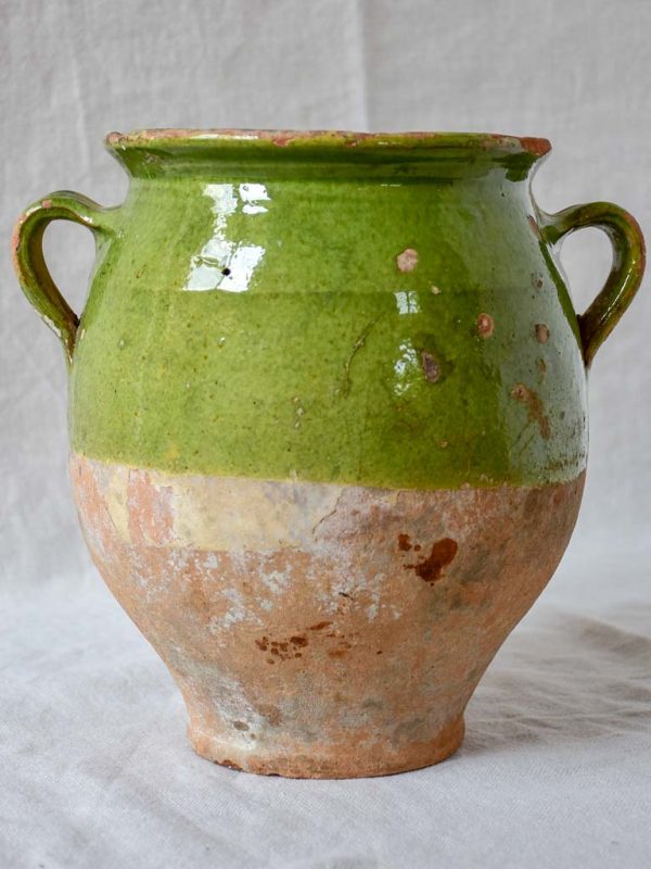 Antique French confit pot with green glaze 10¼  on Sale