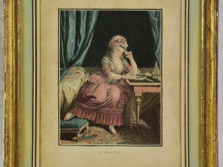 19th century French engraving of a lady having breakfast in bed  La Déjeuné  13¾  x 17¼  Online Sale