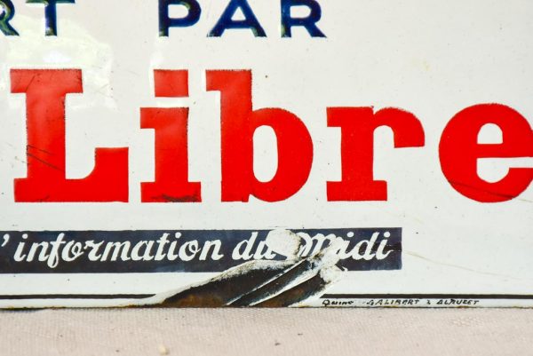 1930 s French enamel sign - Midi Libre newspaper 13¾  x 4  For Sale