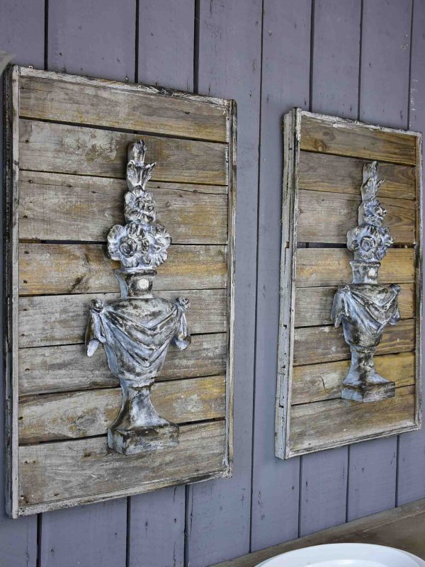 Pair of rustic French wall panels with flower urns For Discount