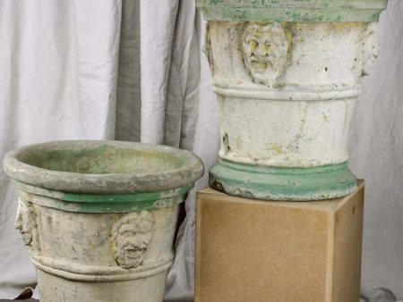 Pair of very large antique Italian garden planters with masquerades and green stripes Online now