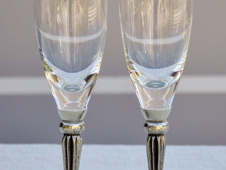 Six French mid-century crystal champagne flutes with pewter detail - signed Discount