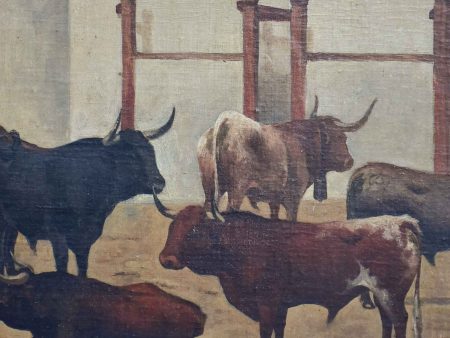 Antique painting of bulls in farm stables 13 ¼   x 16 ¼   Online now