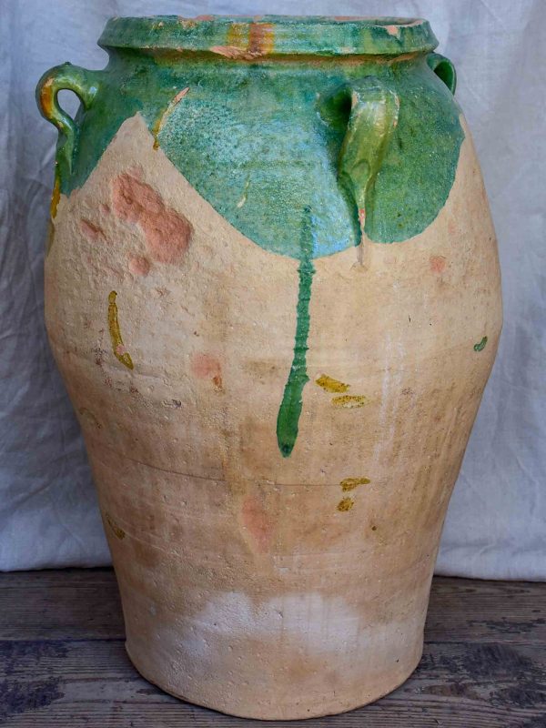 Antique French amphora pot with green glaze and four handles Online Sale