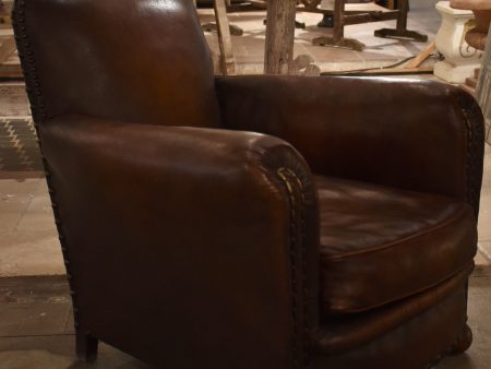 Dark French leather studded club chair - clouté For Discount