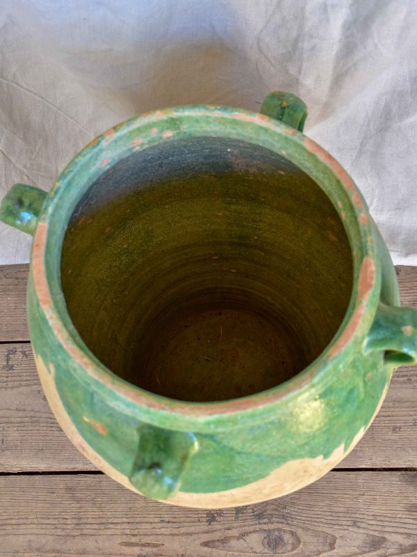 Antique French amphora pot with green glaze and four handles Online Sale