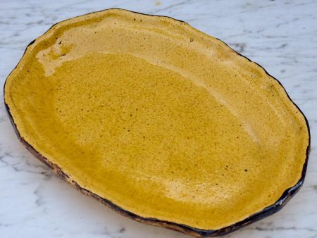 Antique French oval Dieulefit plate - yellow with  burnt  edge Cheap