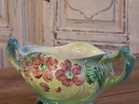 Antique Barbotine vase with pink flowers Online