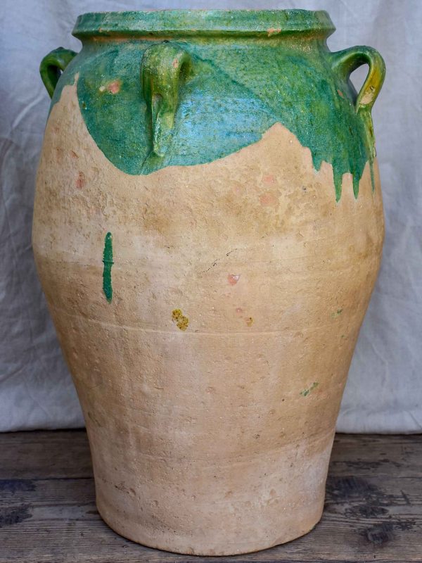 Antique French amphora pot with green glaze and four handles Online Sale