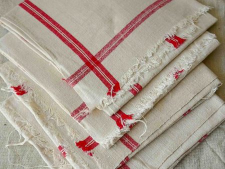 Four antique French tea towels   serviettes with red stripes Online Hot Sale