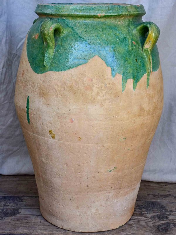 Antique French amphora pot with green glaze and four handles Online Sale