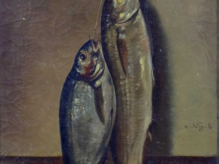 19th Century French still life painting - fish Online now